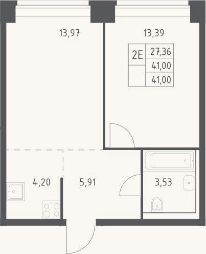 Планировка: 2-к, 41 м²