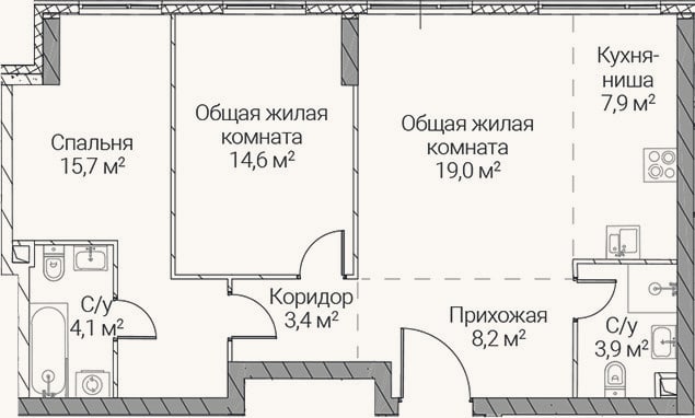 Планировка: 3-к, 76,8 м²