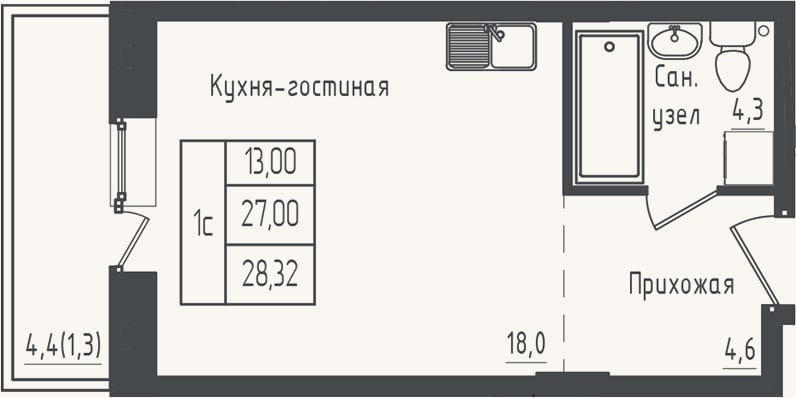 Планировка: Студия, 27 м²
