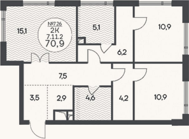 Планировка: 2-к, 70,9 м²