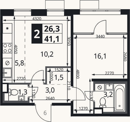 Планировка: 2-к, 41,1 м²