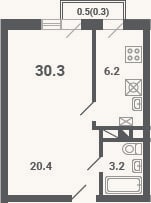 Планировка: 1-к, 29,8 м²