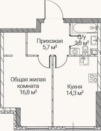 Планировка: 1-к, 40,6 м²