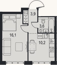 Планировка: 1-к, 33,8 м²