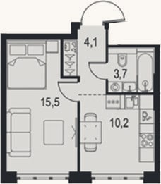 Планировка: 1-к, 33,5 м²