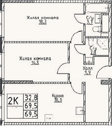 Планировка: 2-к, 69,5 м²