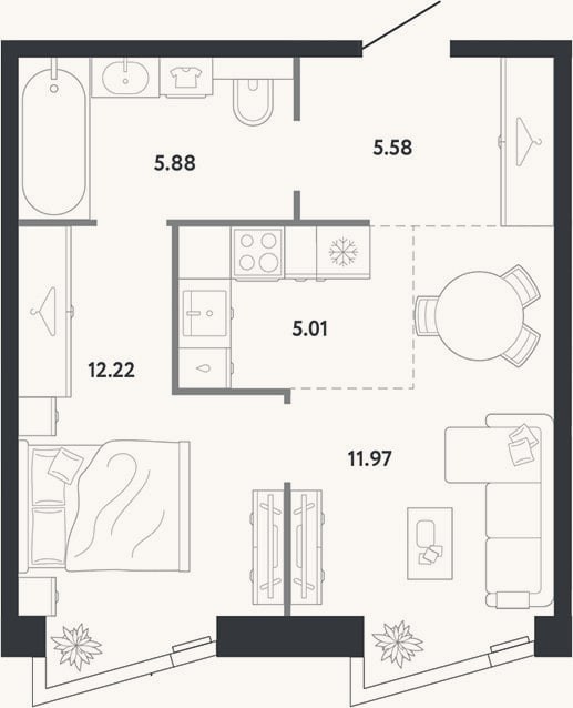 Планировка: 1-к, 40,7 м²