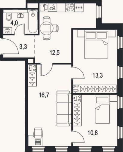 Планировка: 3-к, 60,3 м²