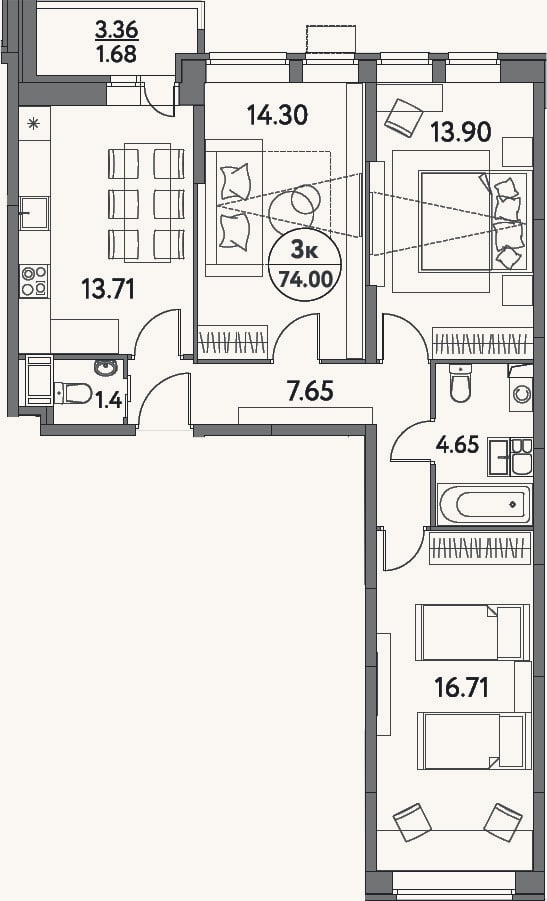 Планировка: 3-к, 72,3 м²