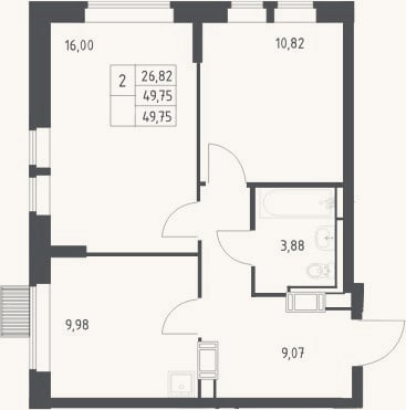 Планировка: 2-к, 49,8 м²