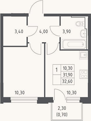 Планировка: 1-к, 31,9 м²