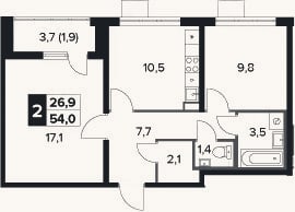 Планировка: 2-к, 52,1 м²