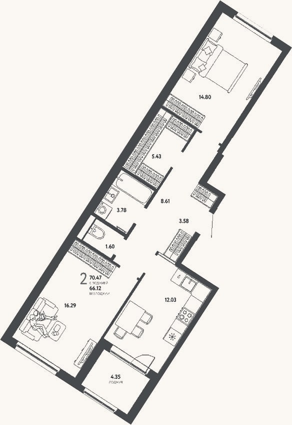 Планировка: 2-к, 66,1 м²