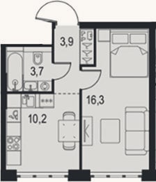 Планировка: 1-к, 34,1 м²