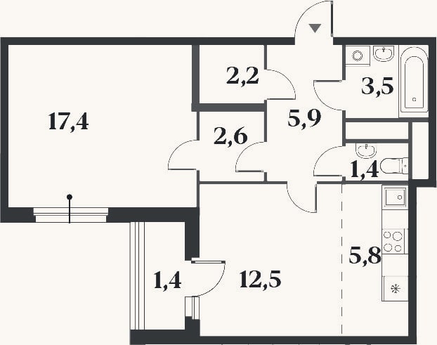 Планировка: 2-к, 51,3 м²
