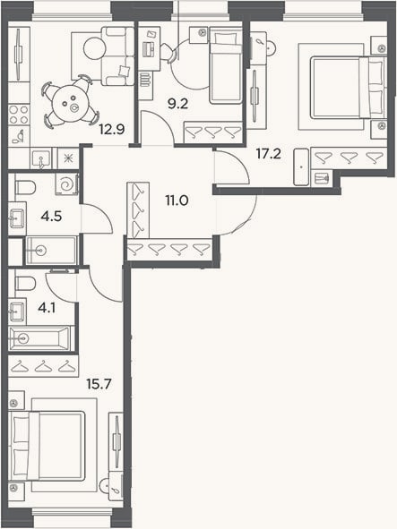Планировка: 3-к, 74,6 м²