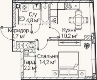 Планировка: 1-к, 35,7 м²