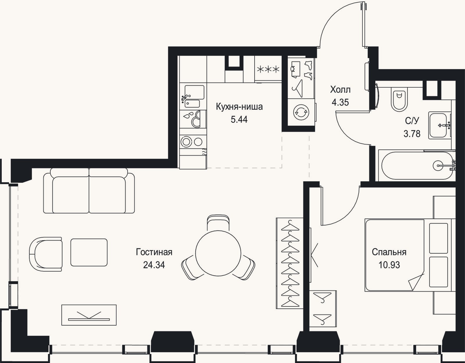 Планировка: 2-к, 48,8 м²