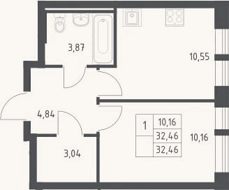 Планировка: 1-к, 32,5 м²