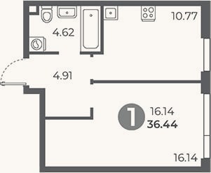 Планировка: 1-к, 36,4 м²