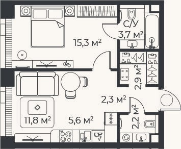 Планировка: 2-к, 43,6 м²