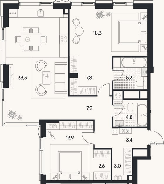 Планировка: 3-к, 99,6 м²