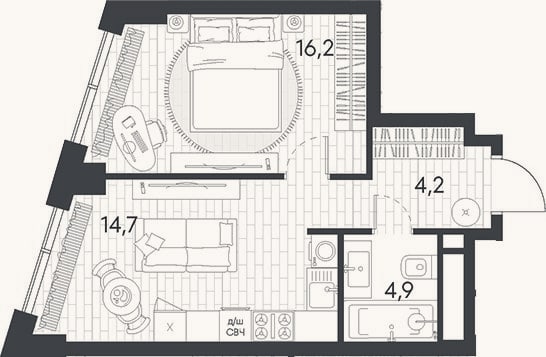 Планировка: 1-к, 38,4 м²