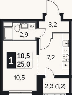 Планировка: 1-к, 23,8 м²