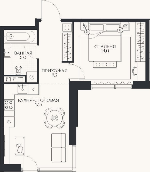 Планировка: 1-к, 42,5 м²
