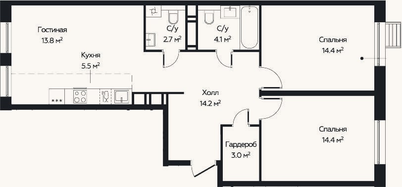 Планировка: 3-к, 70 м²