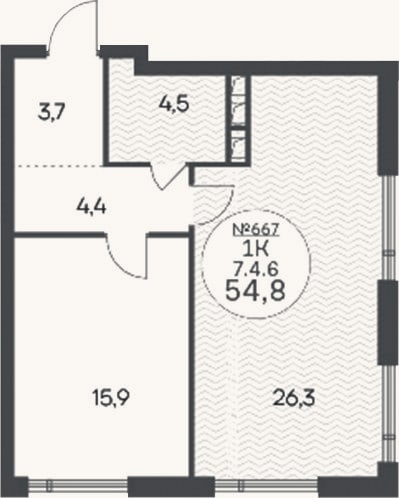 Планировка: 1-к, 54,8 м²