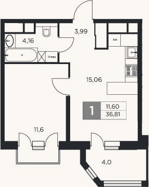Планировка: 2-к, 34,8 м²