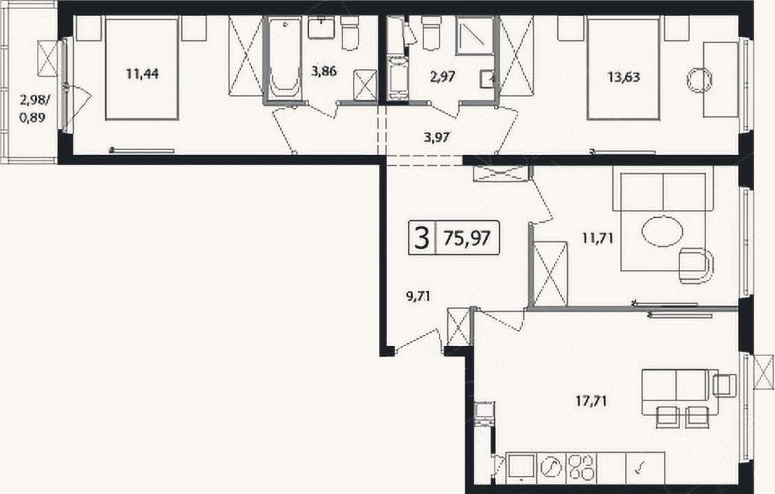 Планировка: 4+ к, 75,1 м²