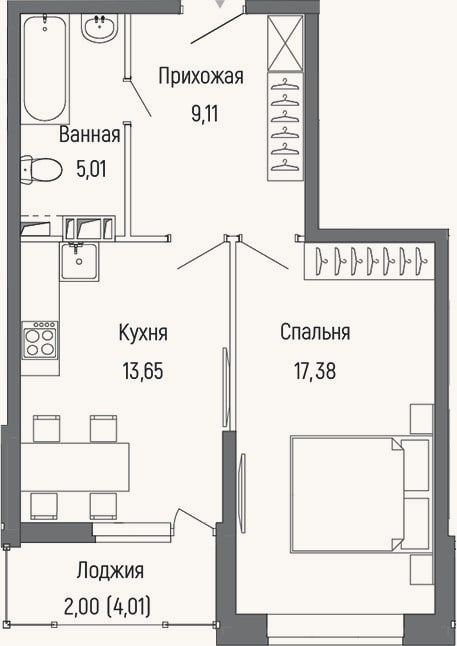 Планировка: 1-к, 45,2 м²