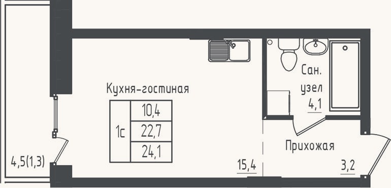 Планировка: Студия, 22,8 м²