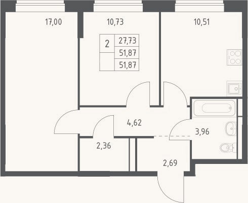 Планировка: 2-к, 51,9 м²