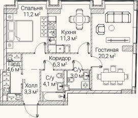 Планировка: 2-к, 63,9 м²