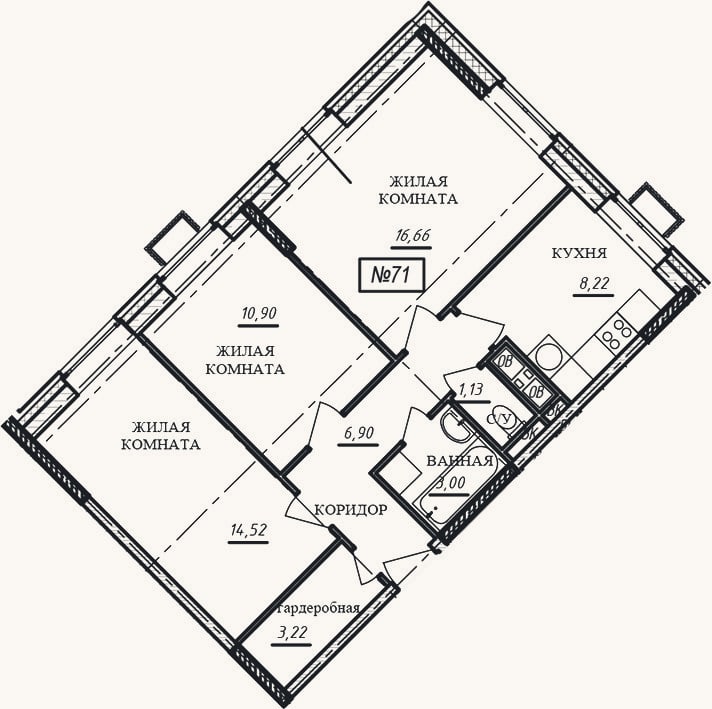 Планировка: 3-к, 64,6 м²
