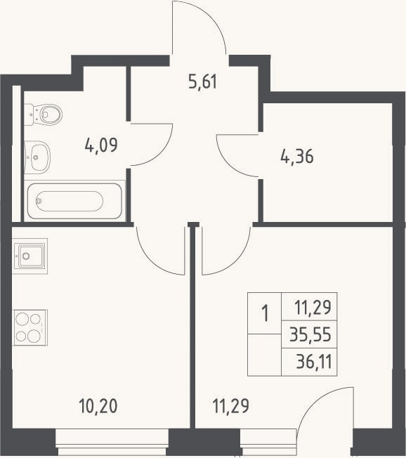 Планировка: 1-к, 35,5 м²