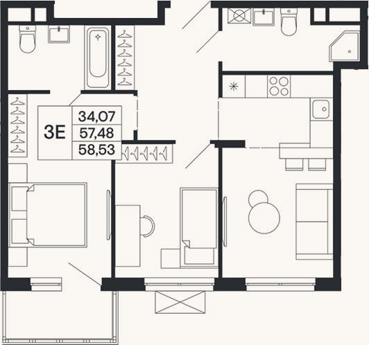 Планировка: 3-к, 57,5 м²