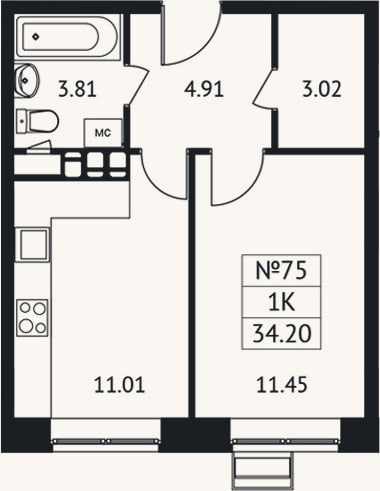 Планировка: 1-к, 34,2 м²