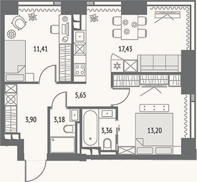 Планировка: 3-к, 58,1 м²