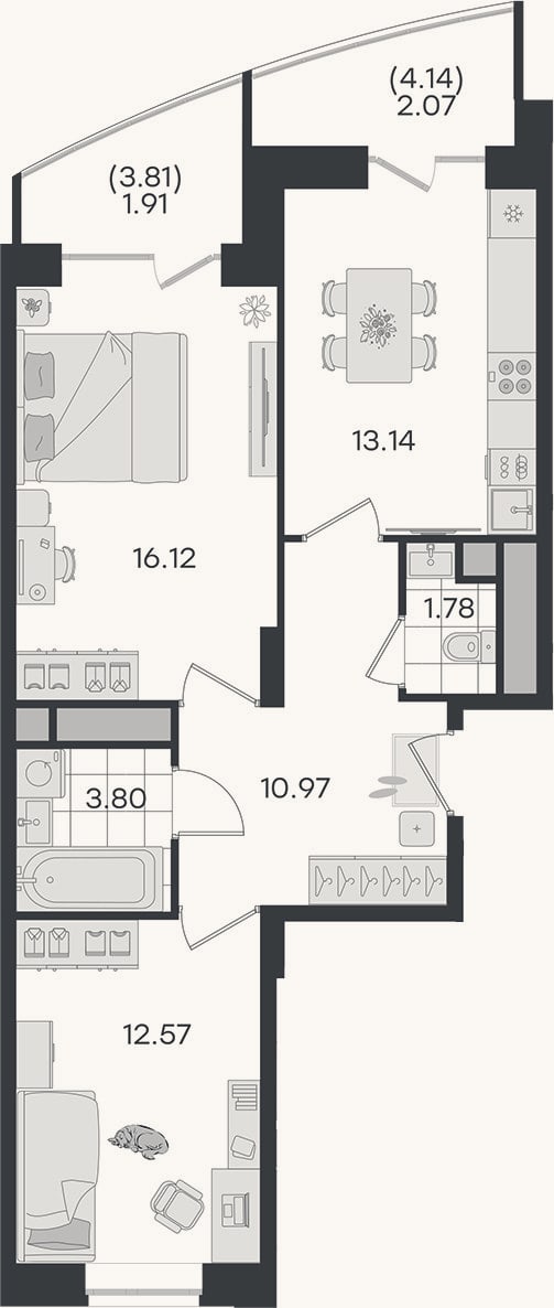 Планировка: 2-к, 58,4 м²