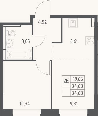 Планировка: 2-к, 34,6 м²