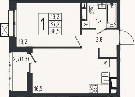 Планировка: 1-к, 37,2 м²