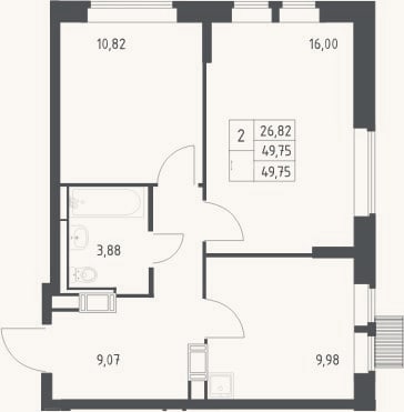 Планировка: 2-к, 49,8 м²