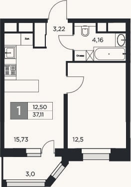 Планировка: 2-к, 35,6 м²