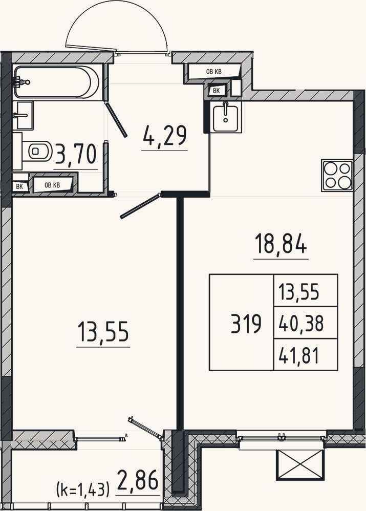 Планировка: 2-к, 40,4 м²