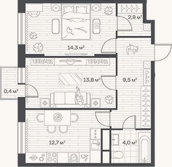 Планировка: 2-к, 57,2 м²