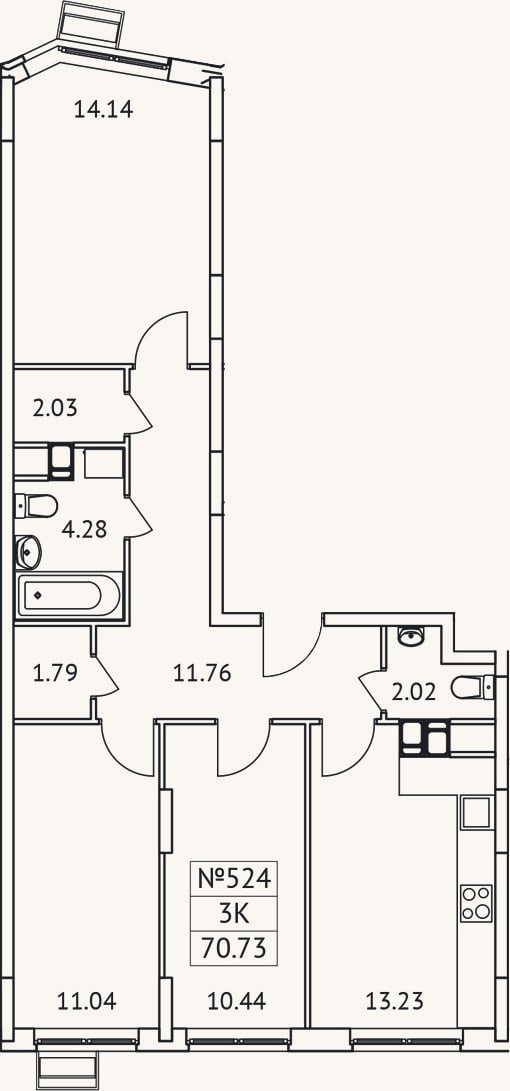 Планировка: 3-к, 70,7 м²